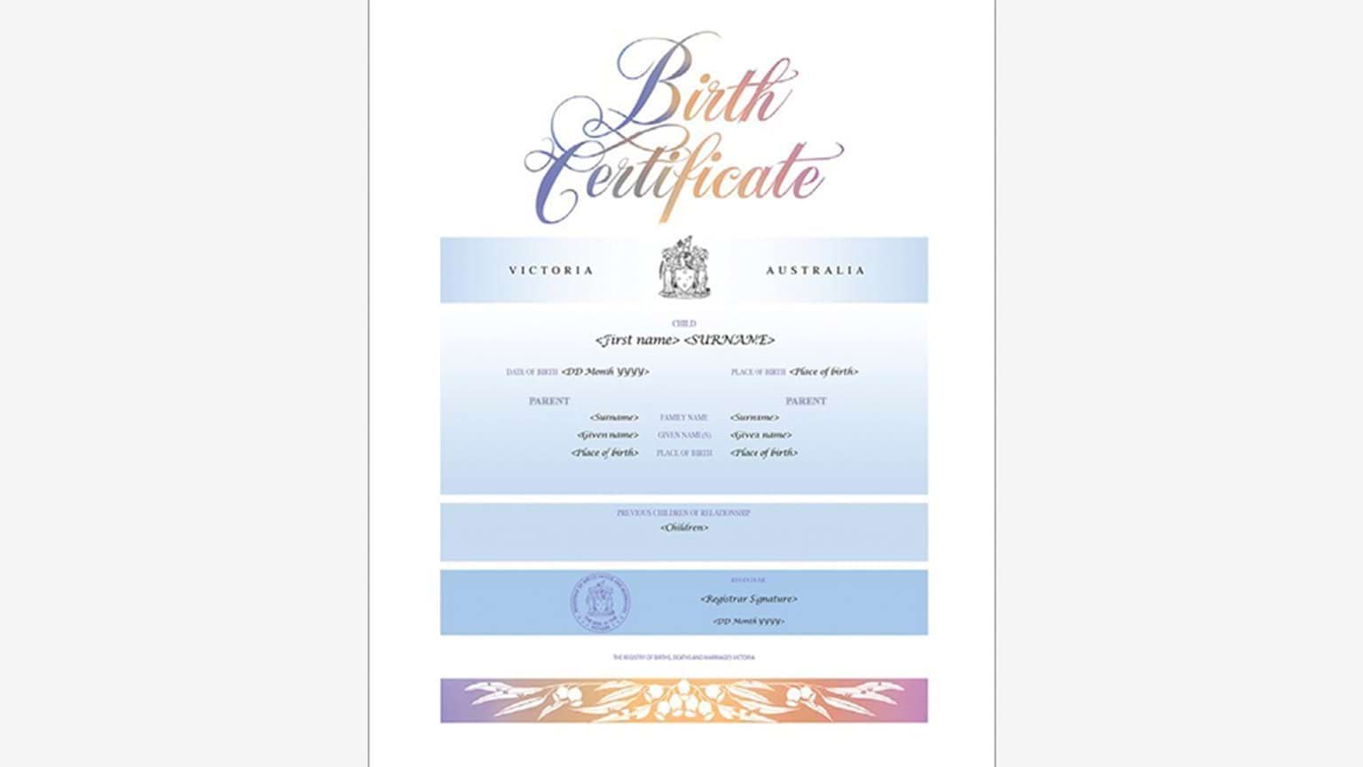 The Australian Blue commemorative birth certificate incorporates beautiful calligraphy and Australian imagery of gumnuts and eucalyptus leaves. It's printed in soft, harmonious shades and highlighted with gold. This style is also available in pink.