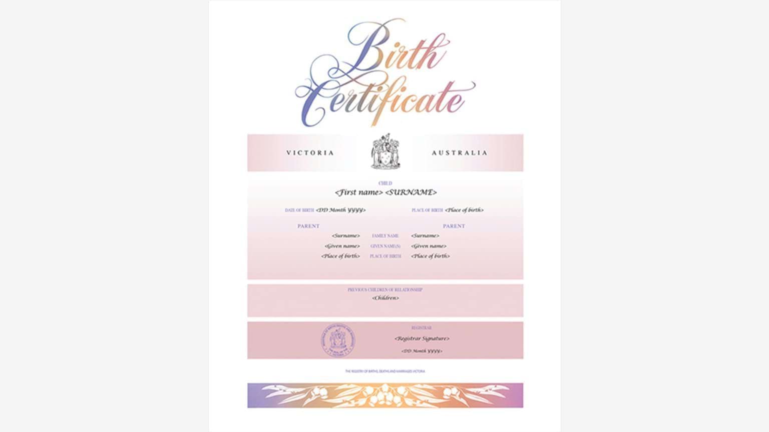 The Australian Pink commemorative birth certificate incorporates beautiful calligraphy and Australian imagery of gumnuts and eucalyptus leaves. It's printed in soft, harmonious shades and highlighted with gold. This style is also available in blue.
