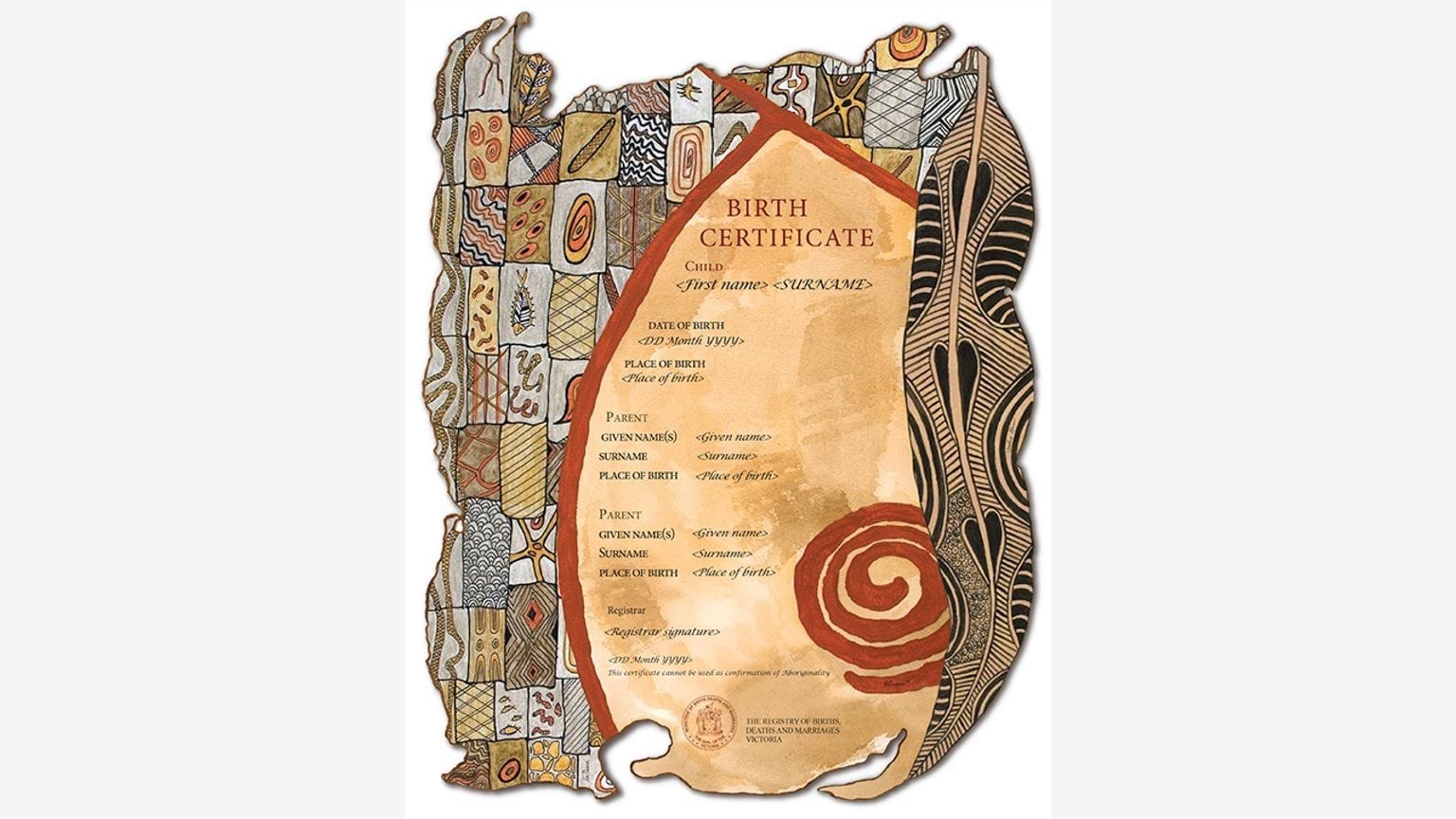 The Victorian Aboriginal commemorative birth certificate brings together artwork by three of Victoria's leading Indigenous female artists, Vicki Couzens, Lee Durroch and Treahna Hamm. Each artist depicts an element of birth in a way that recognises and celebrates Victoria's Aboriginal heritage. This certificate cannot be used as confirmation of Aboriginality