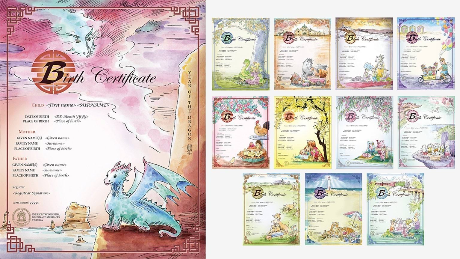Our beautiful Chinese zodiac birth certificates combine Chinese design elements with each zodiac animal and iconic Australian flora. These specially-designed birth certificates are decorative mementos.