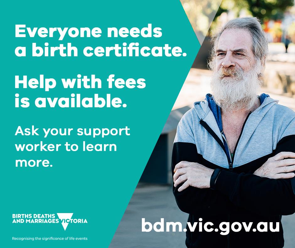 Social media tile: Everyone needs a birth certificate. Help with fees is available.