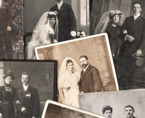 Historic photos of couples in sepia and black-and-white