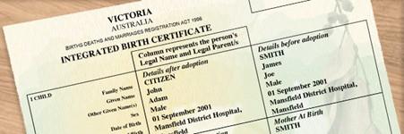 Portion of an integrated birth certificate, showing the adoptive parents in one column and the natural parents in the next column