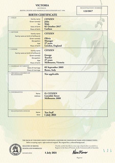 New security paper used for birth certificates and other certificates issued by the Registry of Births, Deaths and Marriages Victoria