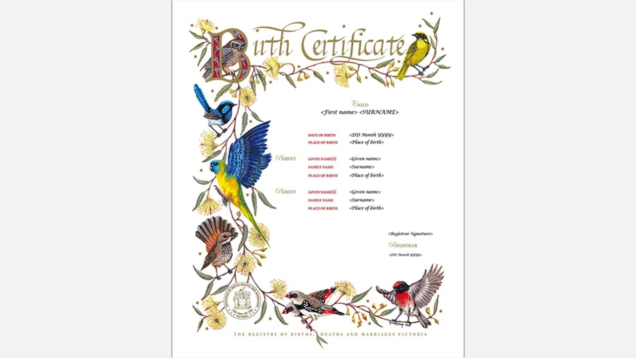 The Victorian Birds commemorative birth certificate has been superbly painted by award-winning artist Lynne Tracey, in the style of an illuminated address of the 19th Century. It features exquisitely detailed Victorian birds with a description. This style also comes in fauna.