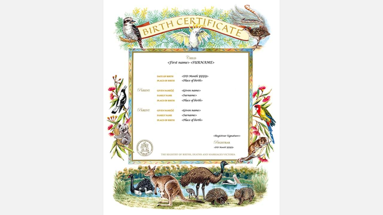 The Victorian Fauna commemorative birth certificate has been superbly painted by award-winning artist Lynne Tracey in the style of an illuminated address of the 19th Century. It features exquisitely detailed Victorian animals and is accompanied by a description of each animal on the certificate. This style also comes in birds.