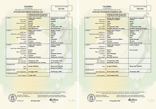 Two examples of an integrated birth certificate. In the second example, some records about the person’s natural parents were unavailable.