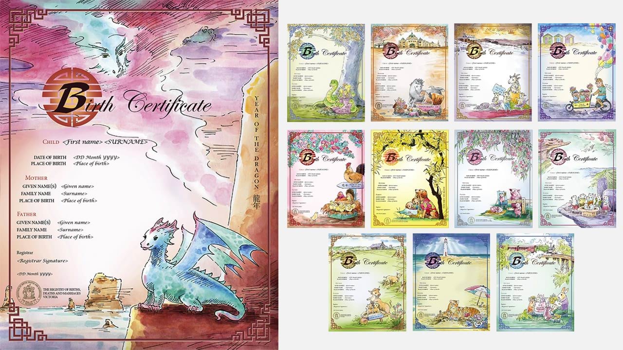 Our beautiful Chinese zodiac birth certificates combine Chinese design elements with each zodiac animal and iconic Australian flora. These specially-designed birth certificates are decorative mementos.