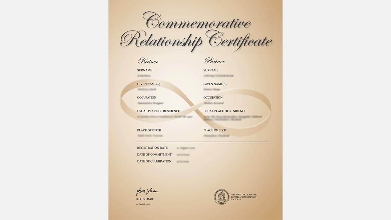 Commemorative relationship certificate printed in cursive script on sepia-toned paper