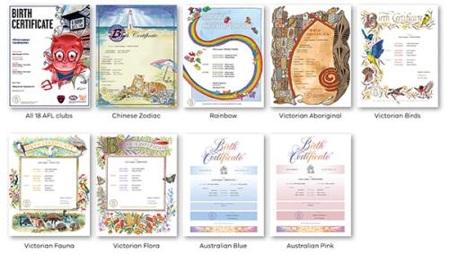 Commemorative birth certificates are available in AFL teams, Chinese zodiac or classic themes.