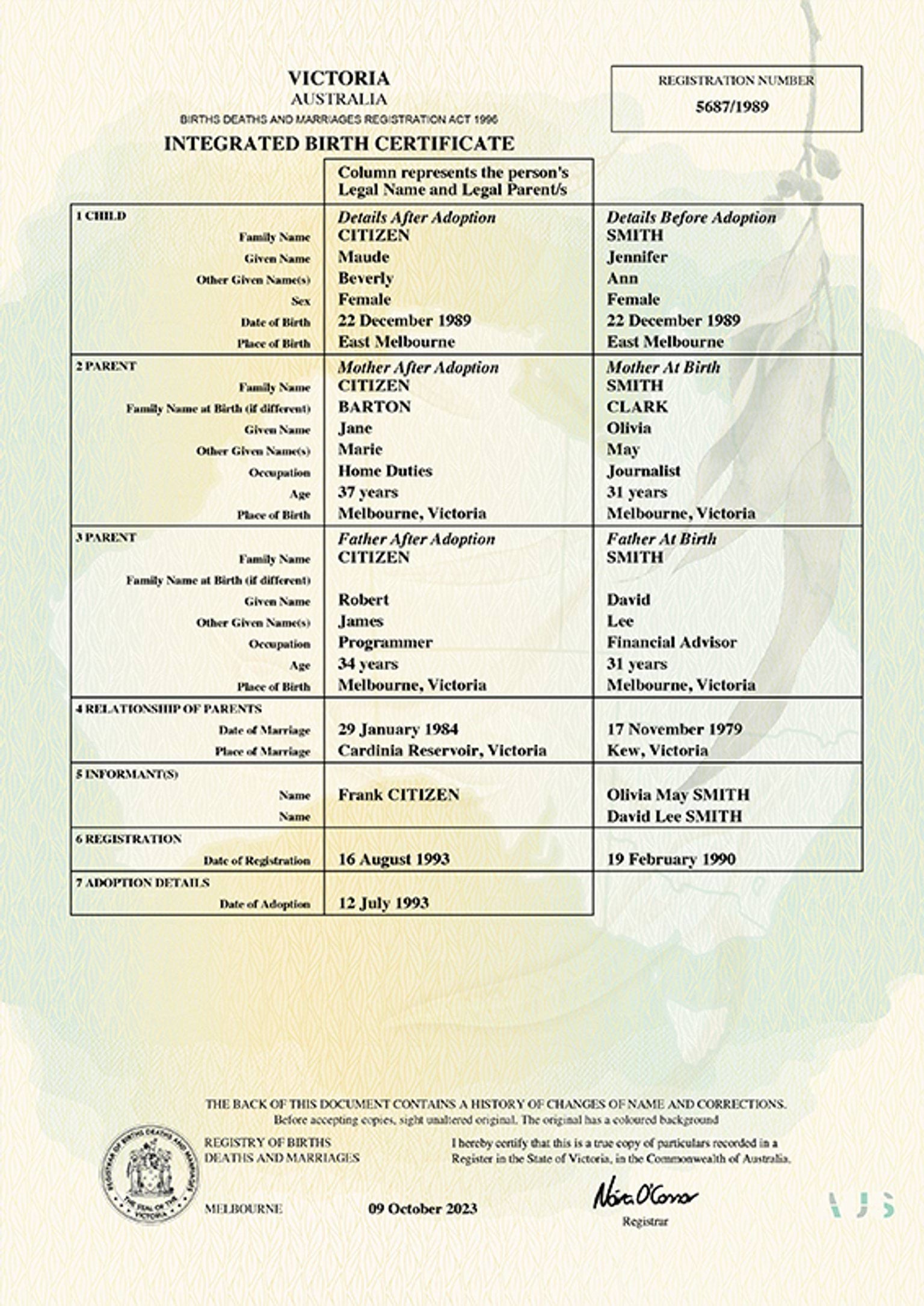 An example of an integrated birth certificate. It shows the person's legal name and adoptive parents in the left column, and their natural parents (where records are available) in the right column.